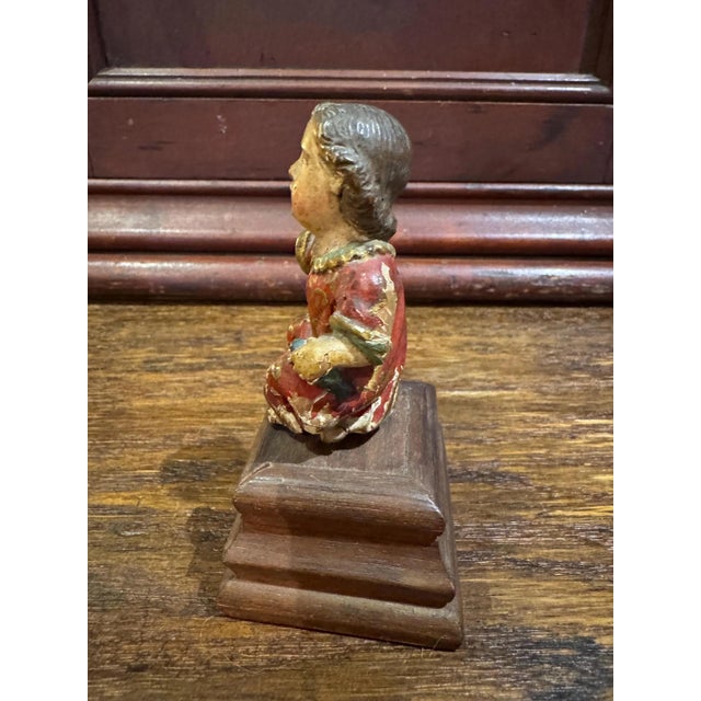 18th Century Polychromed Wooden Santos Sculpture- Christ Child Holding a Sparrow- On Stand For Sale - Image 4 of 10