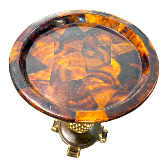 Vintage Hollywood Regency Faux Tortoiseshell Tray Top Pineapple Pedestal Accent Table For Sale In West Palm - Image 6 of 7