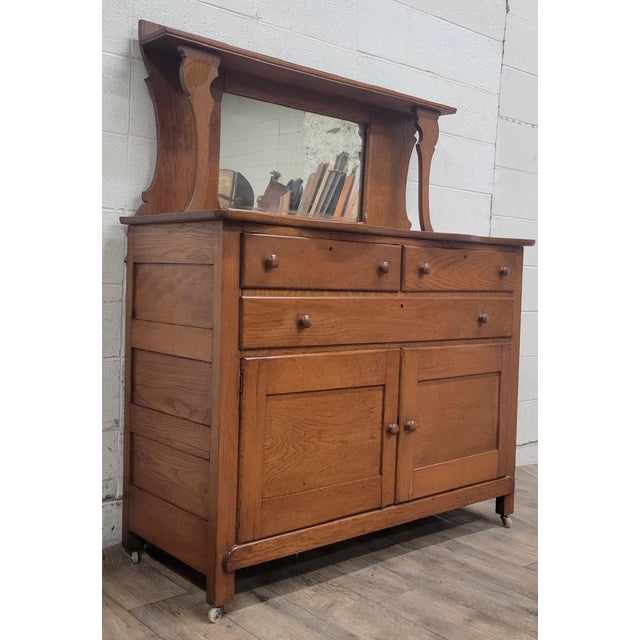 Brown Antique Oak Dry Sink Server Buffet Dresser With Mirror For Sale - Image 8 of 10