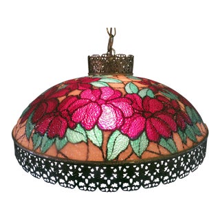 Vintage Tiffany Style Victorian Art Glass Light Filigree Metal Hanging Swag Lamp For Sale