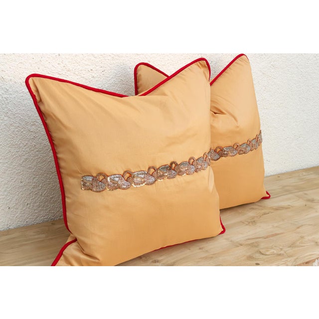 Pair of Gold Zardozi Pillows For Sale - Image 4 of 8