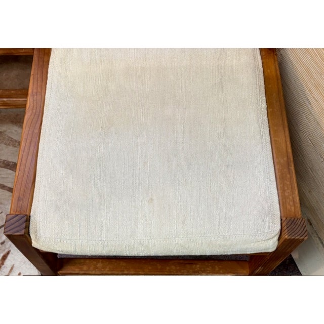 Wood Mid Century Angular Wood Dining Chairs With Thick Linen Upholstery For Sale - Image 7 of 7