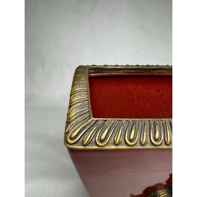 Metal French Provincial Ceramic Solid Brass Bow Red Jardiniere For Sale - Image 7 of 11