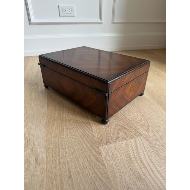Theodore Alexander Diamond-Matched Walnut Veneer and Solid Walnut Jewelry Box, Valet Box or Document Chest With Keys For Sale In Chicago - Image 6 of 12