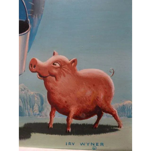 Vintage Mid-Century Irv Wyner the Farmer and His Pig Buddy Painting For Sale - Image 4 of 6