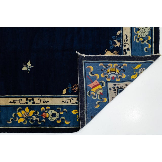 Art Deco Antique Chinese Art Deco Rug in Deep Blue With Medallion & Botanical Motifs For Sale - Image 3 of 13