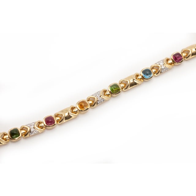 1980s 14k Yellow Gold Multicolor Gemstone and Diamond Link Bracelet For Sale - Image 9 of 12