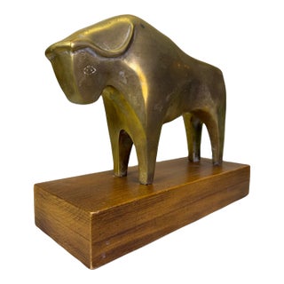 Vintage Mid-Century Modernist Solid Brass Bull Sculpture on Walnut Base For Sale