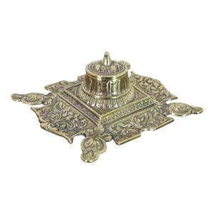 Antique Art Nouveau Scalloped Brass Desktop Executive Inkwell Stand