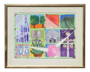 Mid 20th Century "San Miguel De Allende" Abstract Colorful Church and City Landscape Painting by Francis Kalmbach, Framed