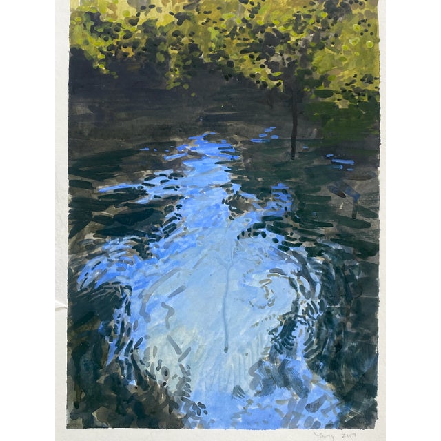 Green Impressionist Style Painting of Moving Water on Paper by Bryan Young For Sale - Image 8 of 8
