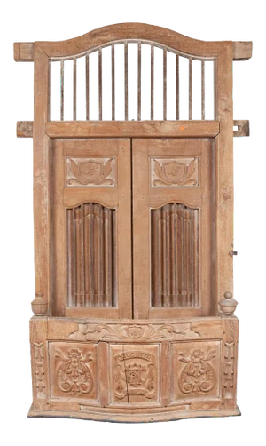 Large Natural Wood Bonnet Top Window Balcony with Hand Carved Foliage Motifs