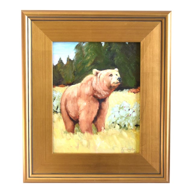 Brown Bear in Forest Landscape Painting Including the Antiqued Gold Wood Frame For Sale