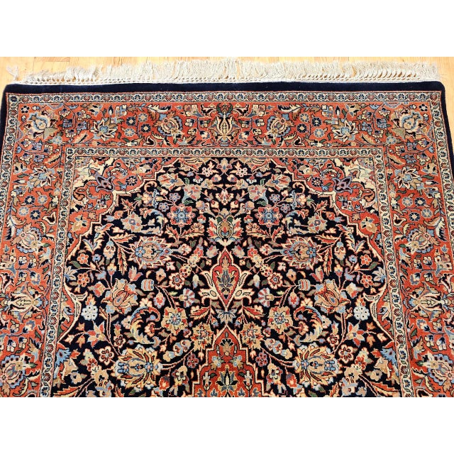 Vintage Kashan Rug, Hand-Knotted Wool & Cotton, Floral Pattern, Navy & Brick-Red, 4x6 For Sale - Image 9 of 16