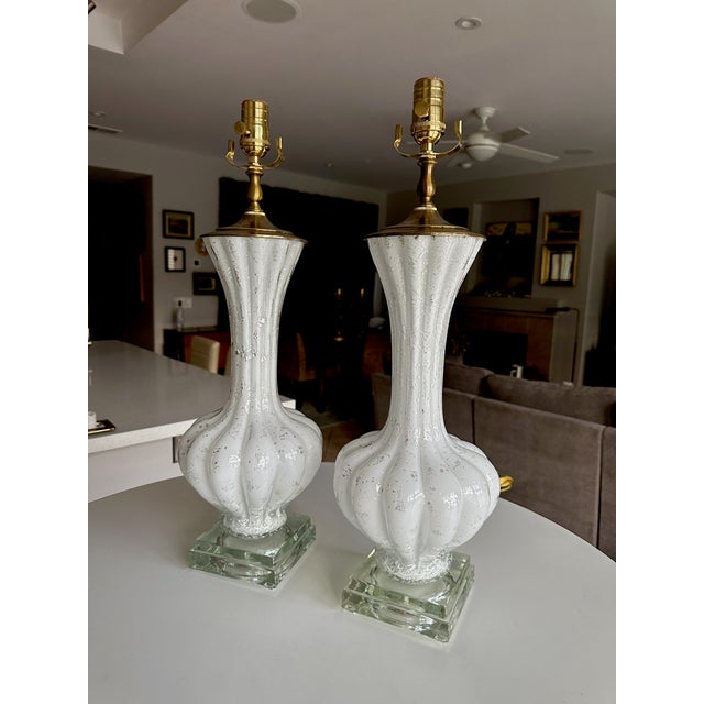 1960s Pair Murano White and Silver Inclusions Glass Table Lamps For Sale - Image 5 of 16