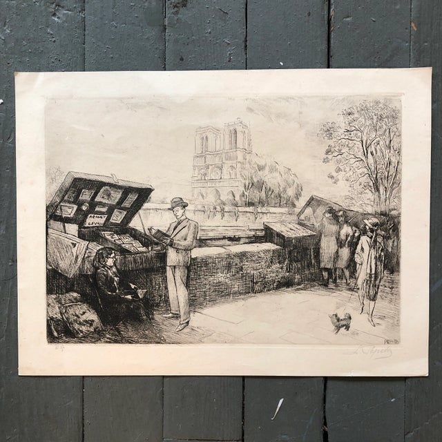 Paper Vintage Original Etching Paris Notre Dame Market Scene by Pepito For Sale - Image 7 of 7