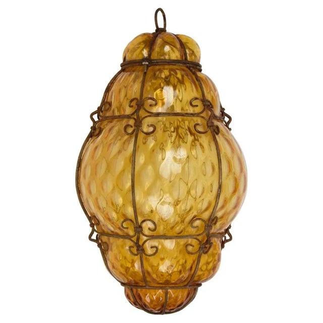 Mid-Century Italian Handblown Murano Amber Glass Cage Pendant Light from Seguso, 1940s For Sale - Image 16 of 16