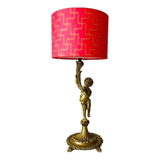 Vintage Hollywood Regency Cherub Table Lamp with Pink Geometric Shade, 1960s For Sale