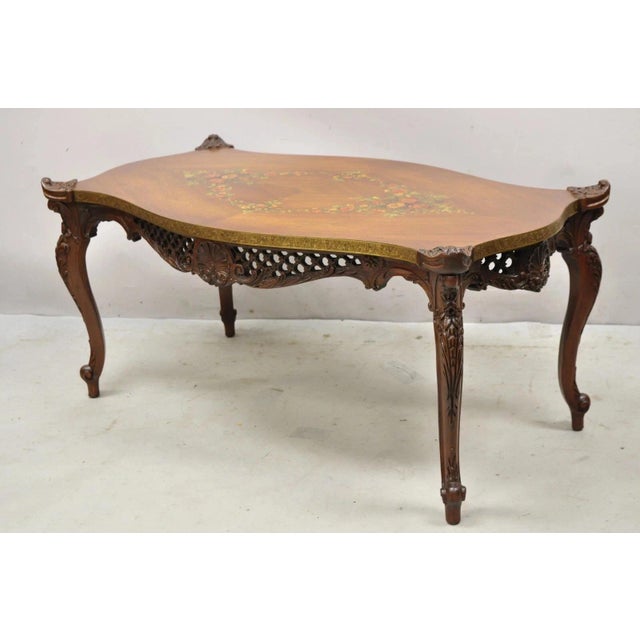 French Vintage French Louis XV Style Walnut Coffee Table With Hand Painted Floral Top For Sale - Image 3 of 12
