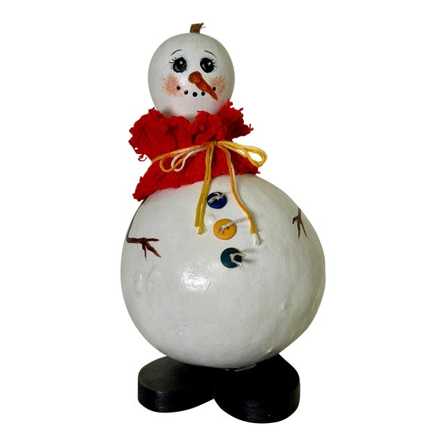 Vintage Arts & Crafts Holiday Snowman Hand Painted Gourd Art in White, Red & Black For Sale