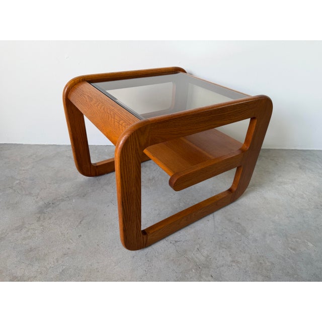 Brown 1970s Mid-Century Modern Lou Hodges Oak & Smoked Glass Top Side Table For Sale - Image 8 of 12