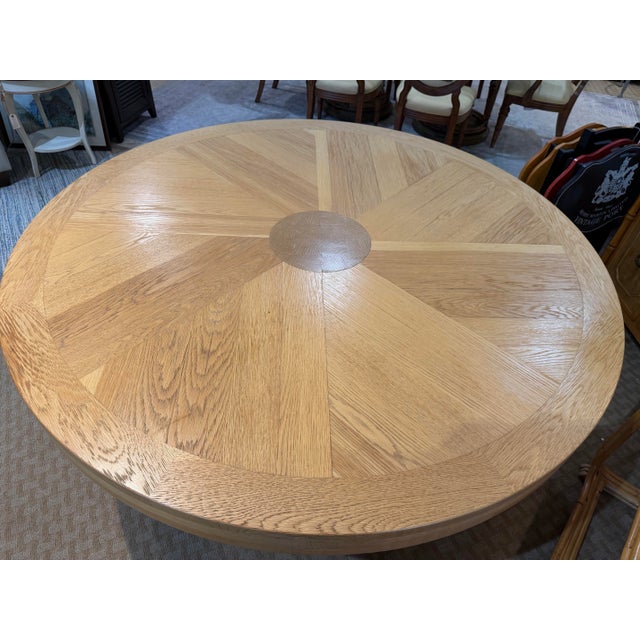 Vintage Art Deco Inspired 66” Blonde Oak Pedestal Dining Table With Chrome Accents For Sale - Image 4 of 7