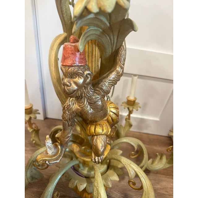 Vintage 1960s Italian Tole Monkey Chandelier With Fez, 8-Light, Hand-Painted Gold & Cream For Sale - Image 4 of 6