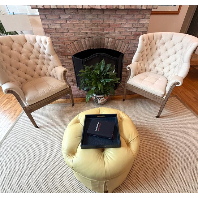 Custom Butter Yellow Tufted Leather Ottoman, Footstool For Sale - Image 10 of 18