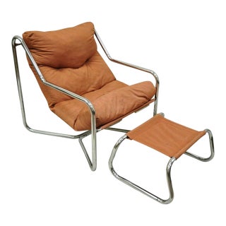 Vintage Mid Century Modern Tubular Chrome Sling Lounge Chair and Ottoman For Sale