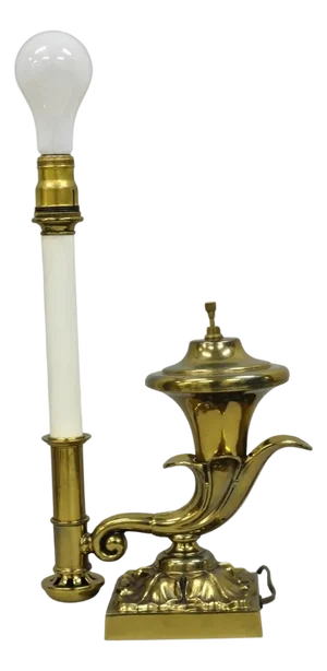 Vintage English Regency Style Brass Cornucopia Oil Lamp Style Table Desk Lamp