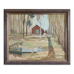Mid-Century Modern 'Cottage Beyond the Trees' Vintage Original Landscape Oil Painting, Framed