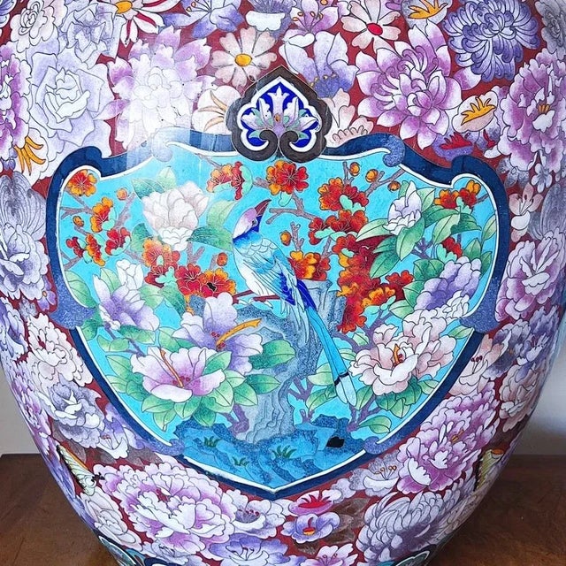 Early 20th Century Large Japanese Cloisonne Jardiniere Depicting Birds and Flowers, a Pair For Sale - Image 10 of 13