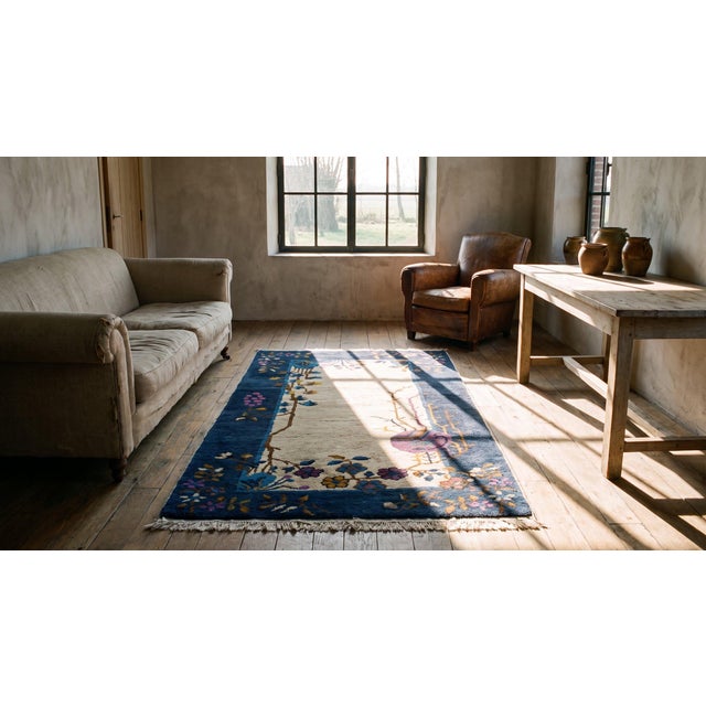 Excellent Tan Beige With Special Floral Design Antique Chinese Art Deco Rug For Sale - Image 11 of 11