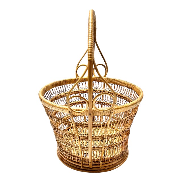 Vintage Wicker Easter Gathering Basket - Bentwood Openwork French Country Cottage Basket For Sale