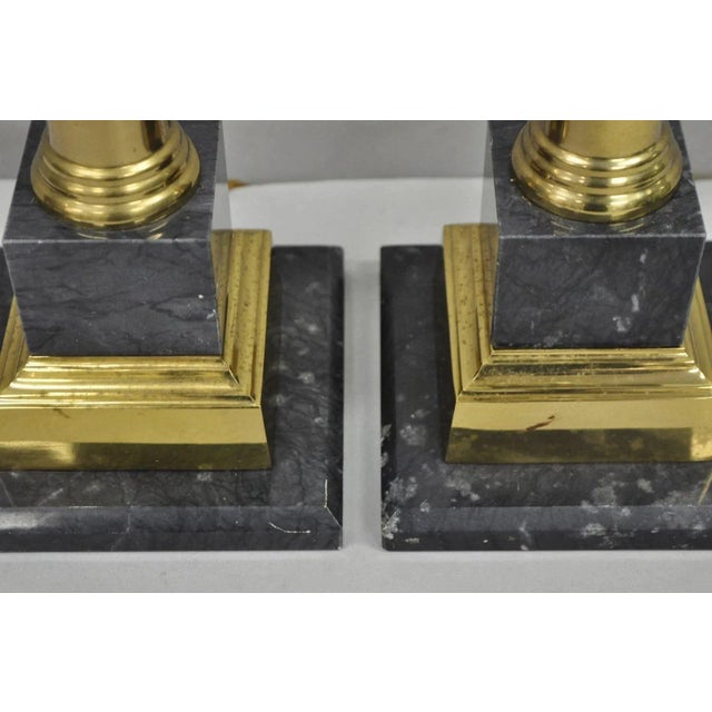 Gold Vintage French Empire Brass & Italian Black Marble Column Table Lamps (B), Pair For Sale - Image 8 of 17
