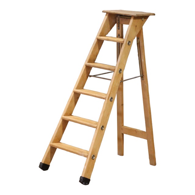 Mid Century French Six-Step Folding Pine Ladder For Sale