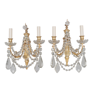 Pair of Louis XVI Style Bronze & Crystal Sconces