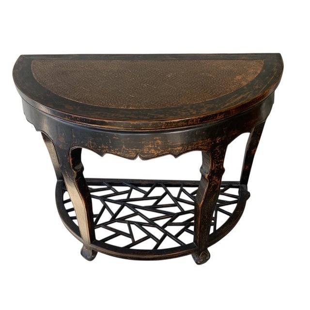 Wood Early 20th Century Chinese Carved Wood Demi-Lune Console Table With Lattice Shelf For Sale - Image 7 of 7