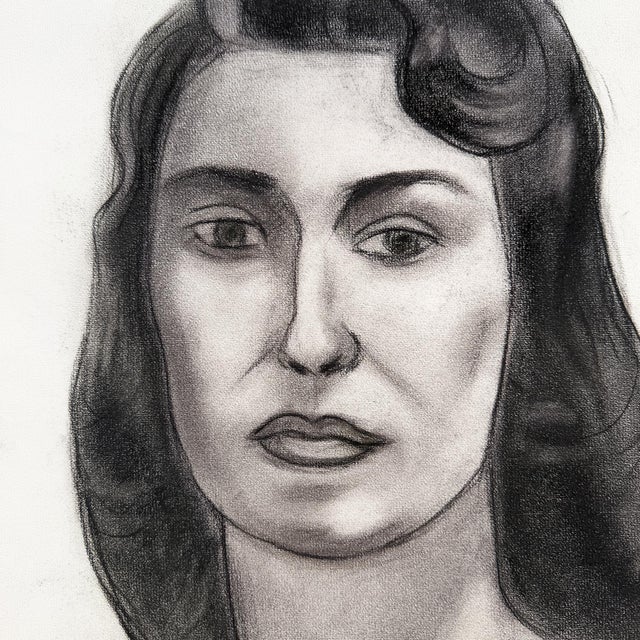 MCM Charcoal Portrait Drawing of a Woman With Side-Swept Curls - 1950s Signed For Sale In Oklahoma City - Image 6 of 8