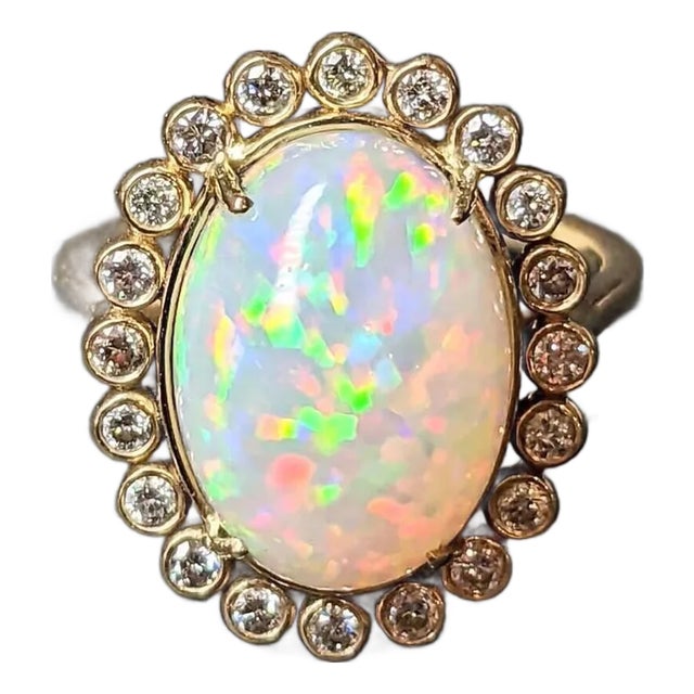 5ct Stunning Opal Ring w Natural Diamond Accents in 14k Yellow Gold OV 14x10mm For Sale
