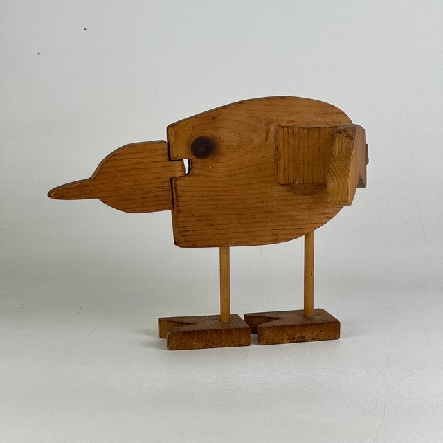 Folk Art Vintage American Folk Art Articulated Bird Sculpture in Blond Brown Wood For Sale - Image 3 of 10
