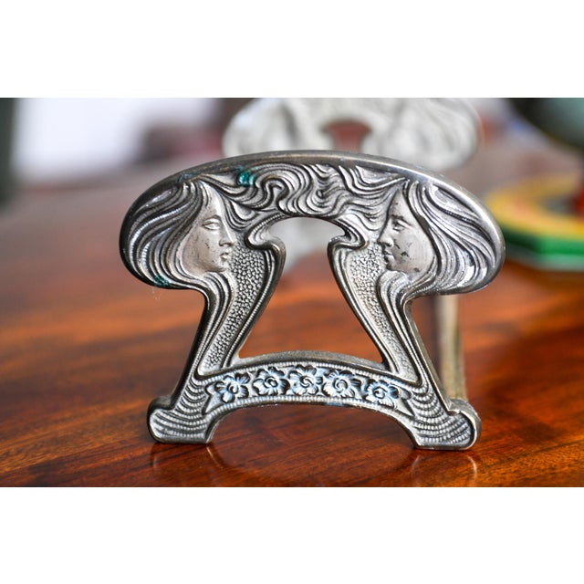 Paint 1910s Art Nouveau Brass Bookends Book Rack Adjustable Length Telescoping Judd Co. Twin Maidens Original Paint For Sale - Image 7 of 10