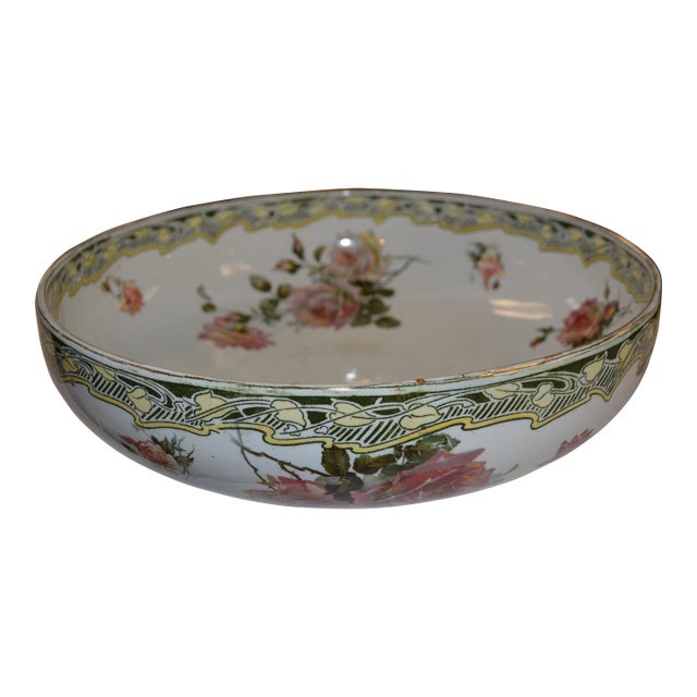 Antique Art Nouveau Doulton Burslem Kelmscott Transferware Wash Basin / Bowl W/ Pink Roses For Sale