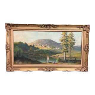 Antique Painting: Pastoral Landscape With Figure by River For Sale