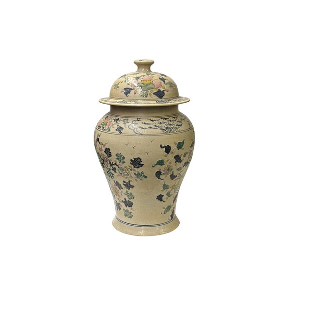 Asian Vintage Historic Treasure Flower Theme Beige Base Ceramic Pot Vase For Sale - Image 3 of 6