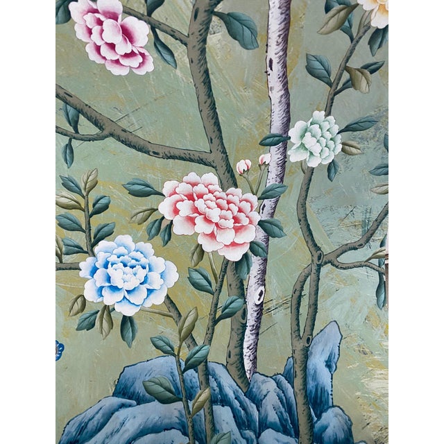 Chinoiserie 30"*60", Vintage Chinoiserie Floral Birds Garden Green Wallpaper Panel Wall Art, Set of 3, No Frame For Sale - Image 3 of 18