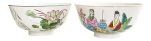 Chinoiserie Ceramic Asian Tea Cups or Rice Bowls With Floral and Figurative Motif, a Pair