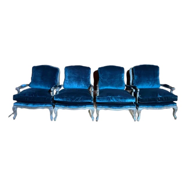 Velvet Blue Bergere Chairs Set of 4 For Sale