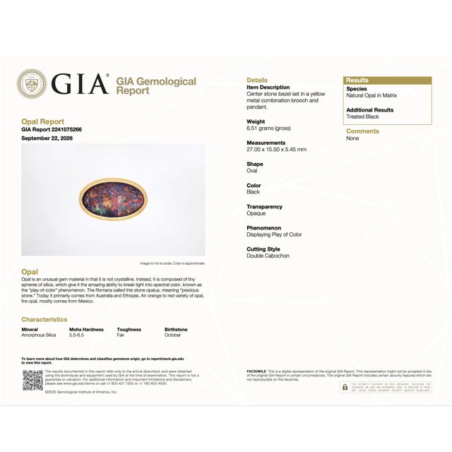 GIA-certified natural black opal in matrix with vivid play of color is mounted in 18K yellow gold as a combination brooch...