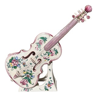 Vintage French Hand Painted Porcelain Violin & Stand For Sale